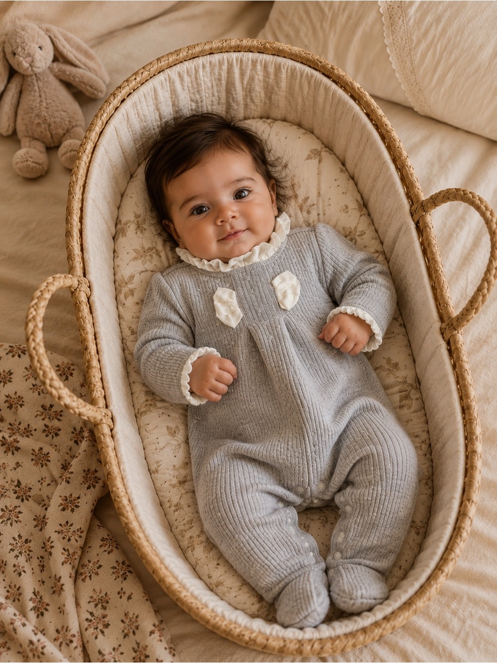 3/6M-JANIE AND JACK -Cozy Baby One-Piece Romper in Light Gray with Ruffle Collar